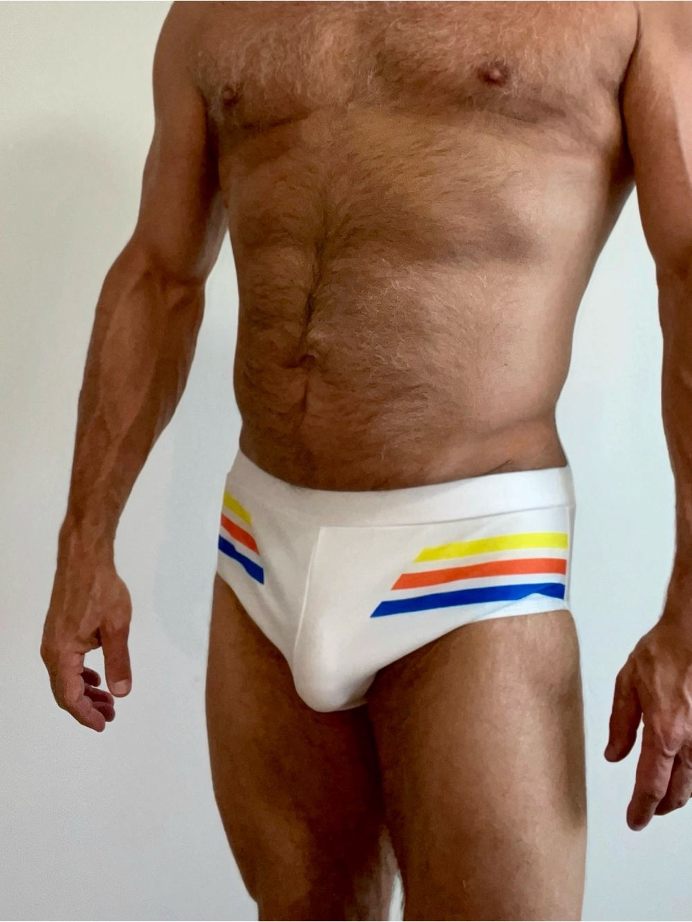 Men's White Swim Briefs with Multicolor Retro Stripes, Large